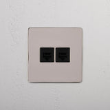 Dual Network Connectivity Accessory on White Background: Polished Nickel Black Single 2x RJ45 Module
